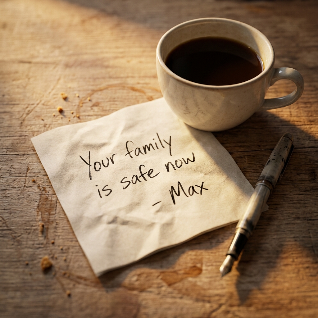 handwritten note on a napkin: your family is safe now